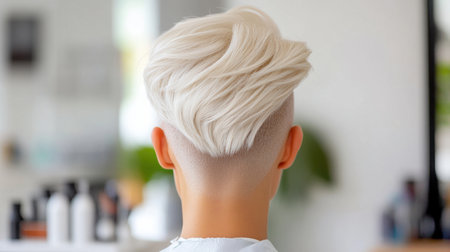Hairdresser highlighting a trendy modern blonde undercut hairstyle on a woman, showcasing skill and style in a vibrant hair salon settingの素材