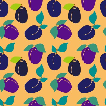 Seamless pattern with plums and green leaves on a yellow background. Vector background. Fresh fruits. Plum pattern. Plum vectorのイラスト素材