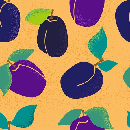 texture plum pattern. Seamless pattern with plums and green leaves on a yellow background. Vector background. Fresh fruits. Plum pattern. Plum vectorのイラスト素材