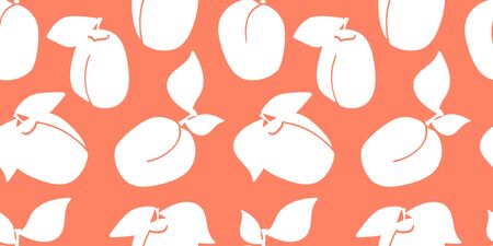 eamless pattern with silhouette fruits and leaves on Orange background. white and orange. Vector...