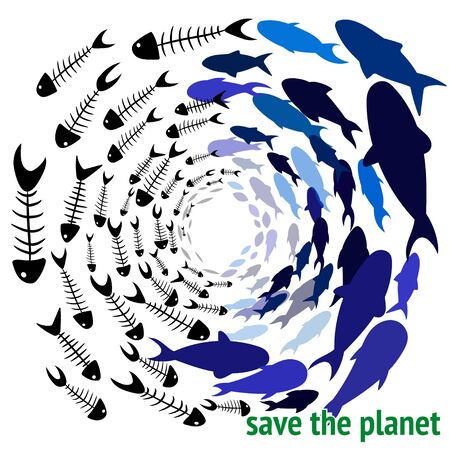 save the planet. Save our Oceans. Ecology print. World oceans day concept, many sea creatures underwater, help to protect animal and environment. Ocean pollution vector illustration. Fish boneのイラスト素材