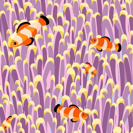 seamless pattern with clown fish swiming in pink purple coral on the blue backgroundのイラスト素材