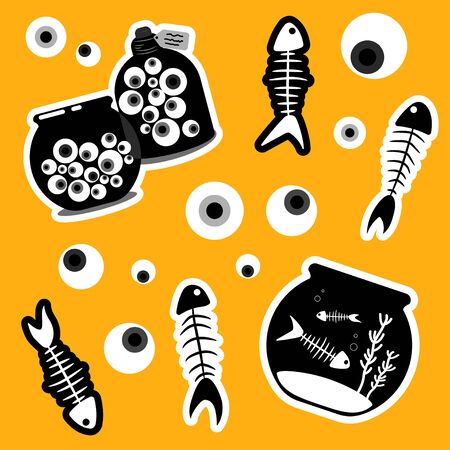 glass jar with eyeballs and fish skeletons stickers set. yellow background. aquarium with a dead pet. illustration, concept of magic, mysticism and voodoo. for fabric, cards, prints, wallpapersのイラスト素材