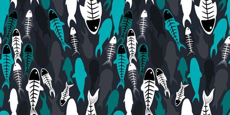 living and dead fish seamless pattern of fish skeletons. concept of magic, mysticism and voodoo. for fabric, cards, prints, wallpapersのイラスト素材