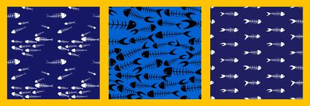 set of three seamless templates with fish skeletons on a dark blue background. cartoon seamless...