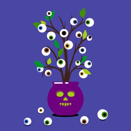 pot of voodoo plant with human eyeballs and leaves on a lilac background. concept of magic, mysticism and voodoo. for fabric, cards, prints, wallpapersのイラスト素材