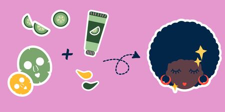 sticker set of black woman. illustration for spa and beauty salon. green mask, cucumbers, tube of cream and eye patches.cosmetics and skincare procedure salon service candle. Face care conceptのイラスト素材