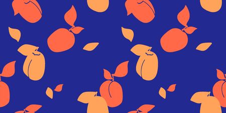 Vector seamless pattern with silhouette apricot, peaches. dark blue background. Trendy hand drawn...