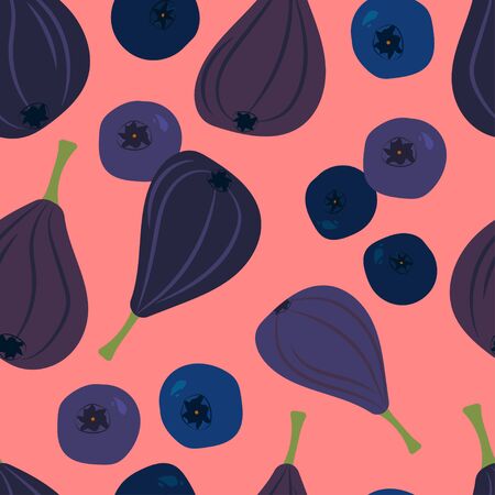 seamless pattern with figs, blueberries and bilberry on a pink background. Modern abstract design...