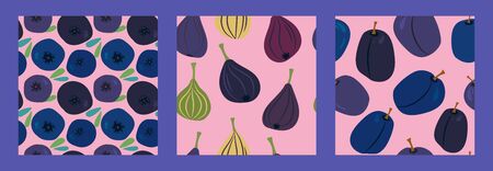 set of three seamless pattern with figs, blueberries, plums and bilberry on a pink background....