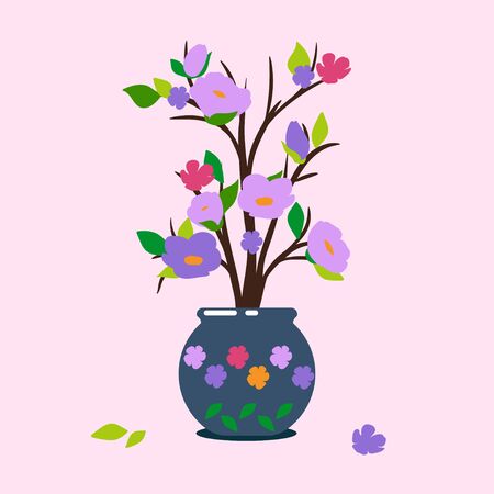 illustration of a flowering plant in a pot on a pink bacground. lilac flowers, buds and green leavesのイラスト素材