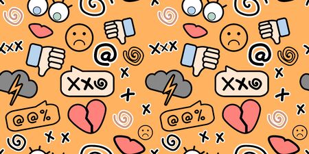seamless pattern with stickers of cyberbullying on yellow background. Posting sexual remarks, or pejorative labels. profanity and sexual harassment.のイラスト素材