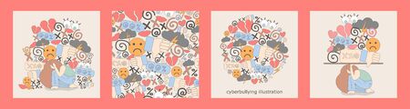 three illustrations and seamless pattern with cyberbullying. Posting sexual remarks, or pejorative labels. woman is under pressure from profanity and sexual harassment.のイラスト素材