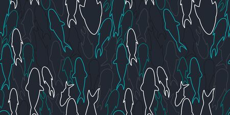 seamless pattern with linear fish silhouettes on a dark background. Modern abstract design for paper, cover, fabric, interior decorのイラスト素材