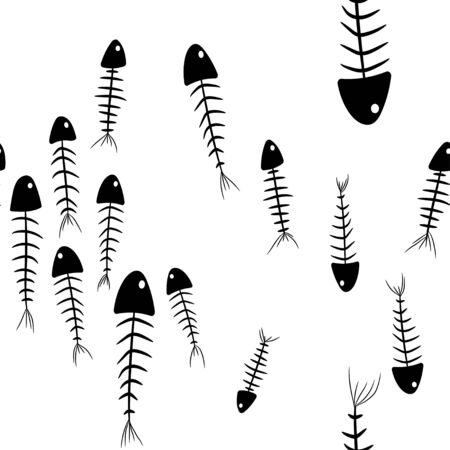 seamless pattern with silhouettes of black fish skeletons on a white background. Modern abstract designのイラスト素材