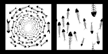 seamless pattern and illustration with silhouettes of black fish skeletons on a white background. Modern abstract design for packaging, paper, cover, fabric, interior decorのイラスト素材