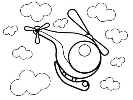 template for baby coloring. illustration with a toy cartoon helicopter flying through the clouds. linear styleのイラスト素材