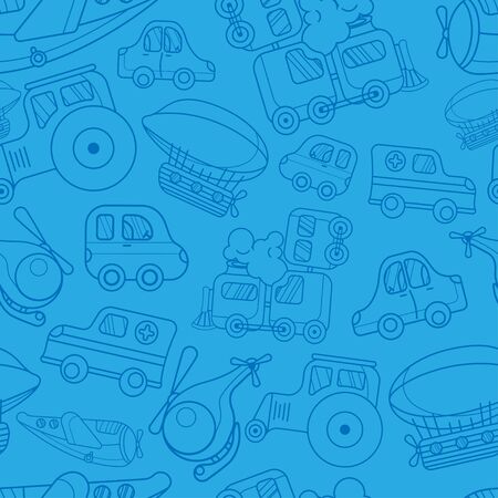 seamless pattern with a toy cartoon steam train, cars, plane, tractor, helicopter, ambulance and aerostat. blue linear style. design for wallpaper, fabric, packagingのイラスト素材