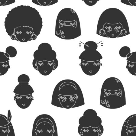 seamless pattern with women from all over the world. Asian, indian, native american, arab woman, chinawoman. abstract silhouettes. design for paper, cover, fabricのイラスト素材