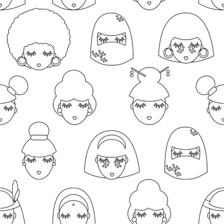 seamless pattern with women from all over the world. Asian, indian, native american, arab woman, chinawoman. linear style. design for paper, cover, fabric, interior decのイラスト素材