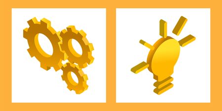 set of two illustrations with yellow gears and light bulb in perspective. isometric style. concept idea. three cogwheels. complex mechanism. modern abstract iconのイラスト素材