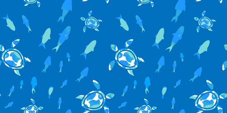 seamless pattern of turtles and fish with turquoise texture on a blue background. Modern abstract design for paper, cover, fabricのイラスト素材