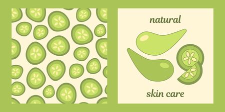 set of illustration and seamless pattern with natural skin care. natural facial eye patches, body cream, cucumber based cosmetics. sliced cucumbers. Modern design for packaging, paper, fabricのイラスト素材