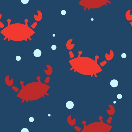 baby seamless pattern with silhouettes of red crabs and bubbles on a dark blue background. cartoon flat design. Marine theme. for packaging, paper, fabric. print for clothesのイラスト素材