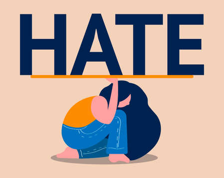 A woman is trying to resist the onslaught of hatred. Illustration of bullying and hate online and in real life.のイラスト素材
