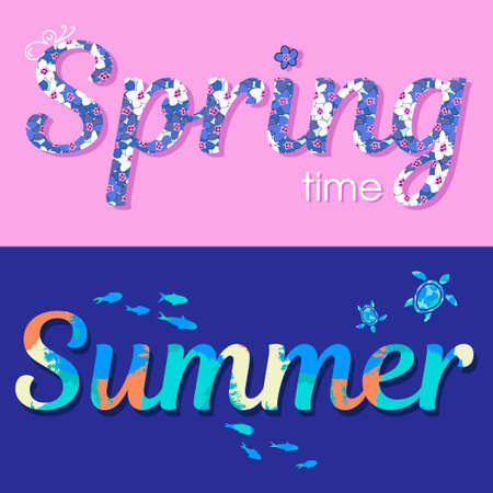 spring and summer lettering with animals and flowers. texture effect. Modern design for packaging, paper, fabric. print for clothesのイラスト素材