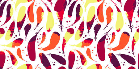 seamless pattern with silhouettes of multi-colored feathers on a white background. texture effect. for packaging, paper, fabric. print for clothes and holidayのイラスト素材