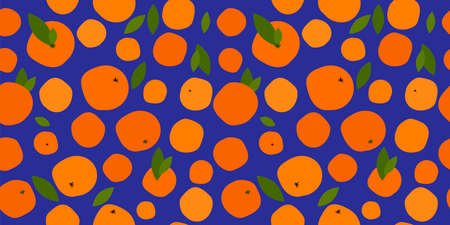 seamless pattern with bright orange citruses on a blue background. ripe oranges, tangerines and...