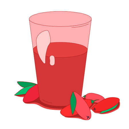 illustration with a glass of goji juice. flat design. fruit theme. for packaging, paper, fabric, printのイラスト素材