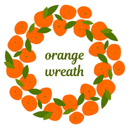 wreath of oranges, tangerines and leaves on a white background. modern abstract design for packaging, print for clothes, fabric, for postcardsのイラスト素材