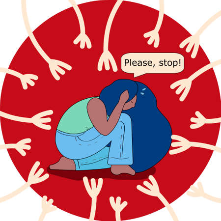 black woman is trying to withstand onslaught of bullying and racism. girl is afraid and wants everything to stop. under pressure from sexual harassmentのイラスト素材