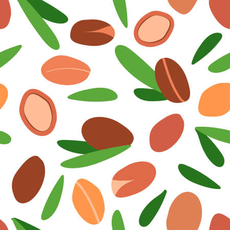 seamless pattern with argan oil. argan berries with leaves. modern abstract design for background, packaging paper, cover, fabric, card, cosmetics and oilのイラスト素材