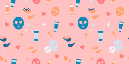 seamless pattern with korean skin care cosmetics. eye patches, cream and lotion tubes, caring face masks. modern abstract design for background, packaging paper, cover, fabric, card, cosmeticsのイラスト素材