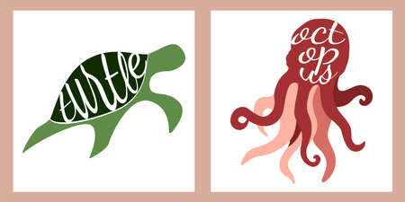 set of two illustrations with turtle and octopus. Modern abstract design for packaging, paper, cover, fabric, menu, food, interior decor and clothesのイラスト素材