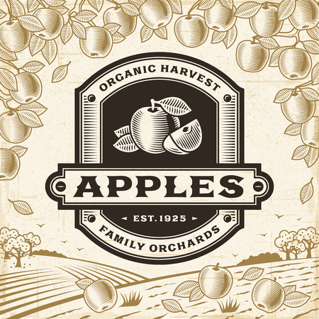 Retro apples label on harvest landscapeのイラスト素材