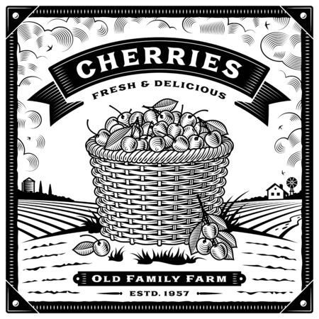 Retro cherry harvest label with landscape black and whiteのイラスト素材