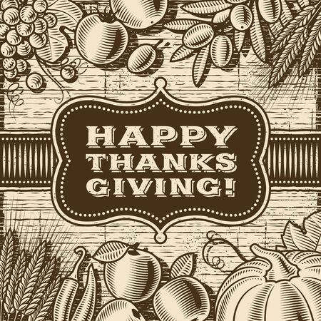Vintage Happy Thanksgiving Card Brown. Editable monochrome vector illustration with clipping mask in woodcut style.のイラスト素材