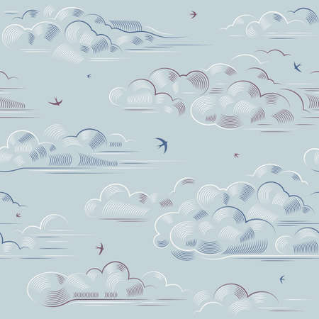 Vintage Seamless Clouds Pattern. Vector illustration in retro woodcut style with clipping mask.のイラスト素材