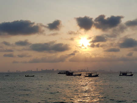 Fishing boats on the sea at Koh Larn Pattaya Thailandの写真素材