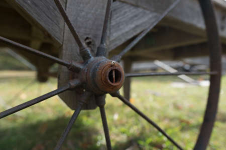 Up close shot of a rustic wagon wheel on the Blue Ridge Parkway in Virginia.の写真素材