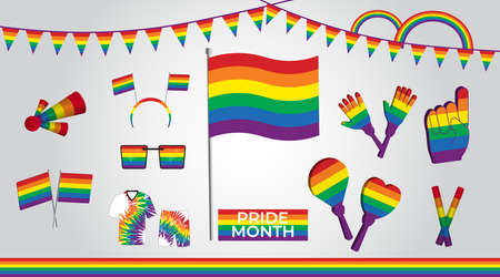LGBTQ festival related symbols set in rainbow colors.Vector illustrationのイラスト素材