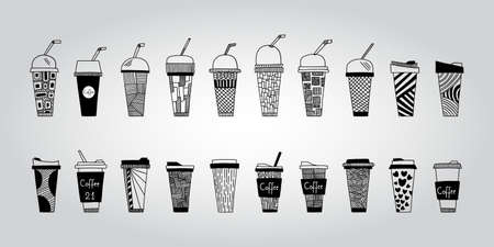 Collection of hand drawn glasses and hot and cold drinks with various patterns.vector Illustrationのイラスト素材