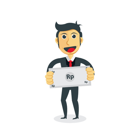 Manager cartoon character. Businessman with Rupiah bill in his hand.のイラスト素材