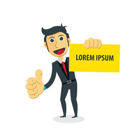 Blank business card template in hand. Businessman character with name card in hand.のイラスト素材