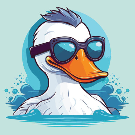 Vector illustration of a duck in sunglasses on a background of water.のイラスト素材