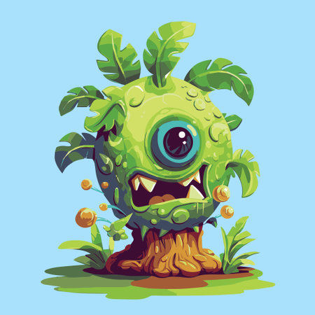 Cute cartoon monster on the green grass. Vector illustration isolated on blue background.のイラスト素材